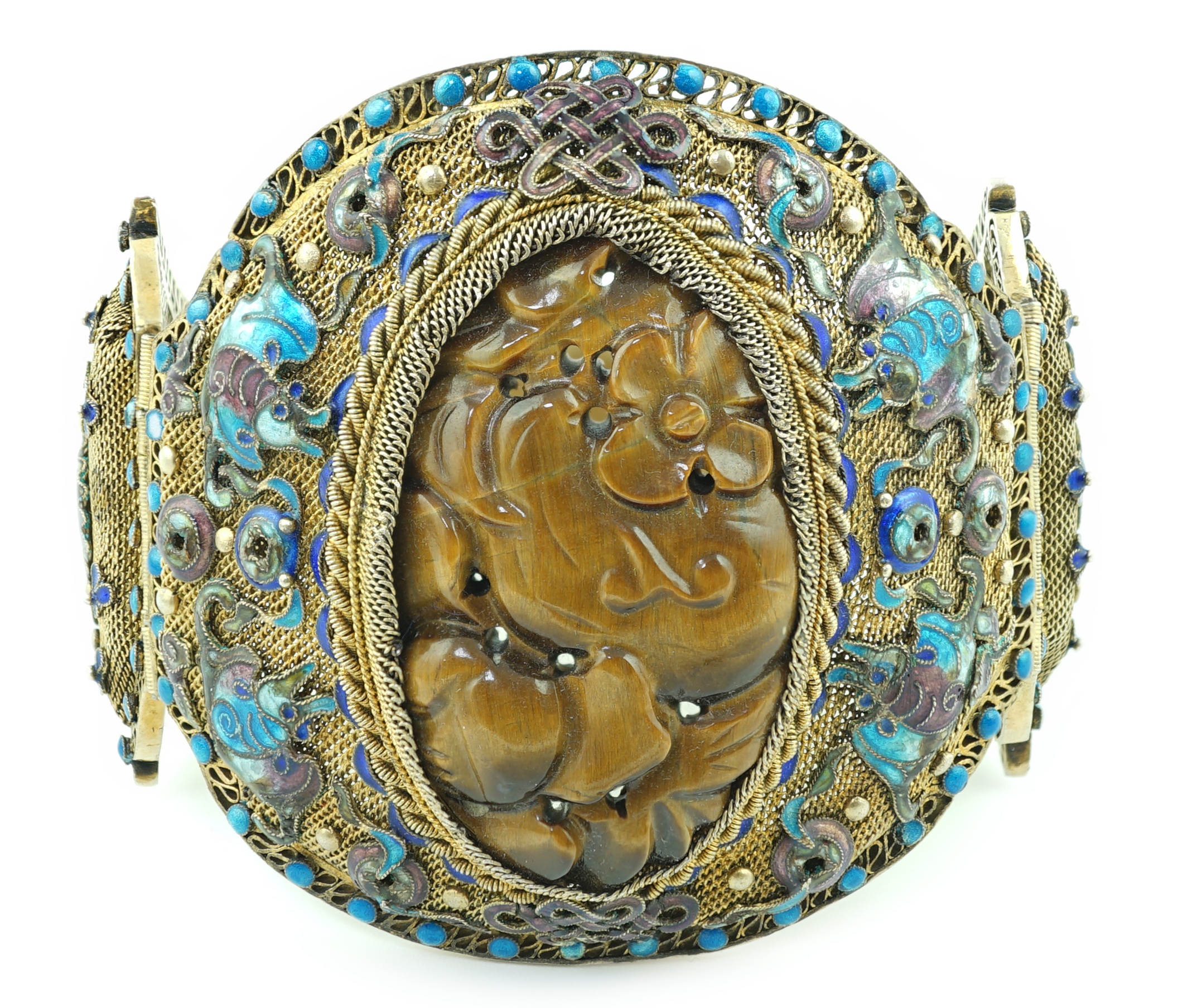 A Chinese silver-gilt, enamel and tiger's-eye bracelet, early 20th century